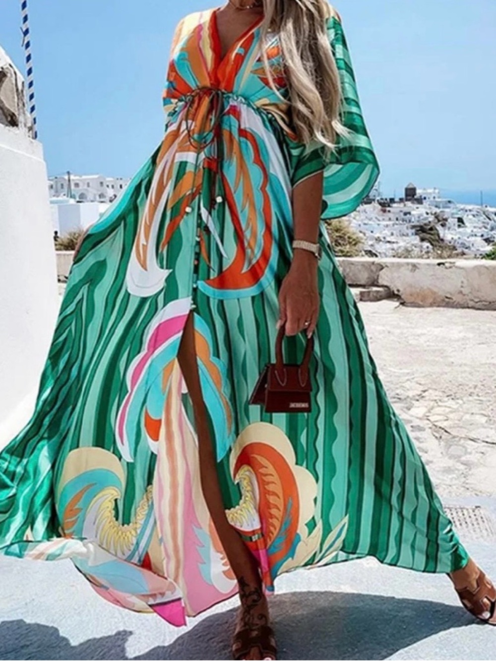 Vibrant Green Printed Maxi Dress with Tie Front
